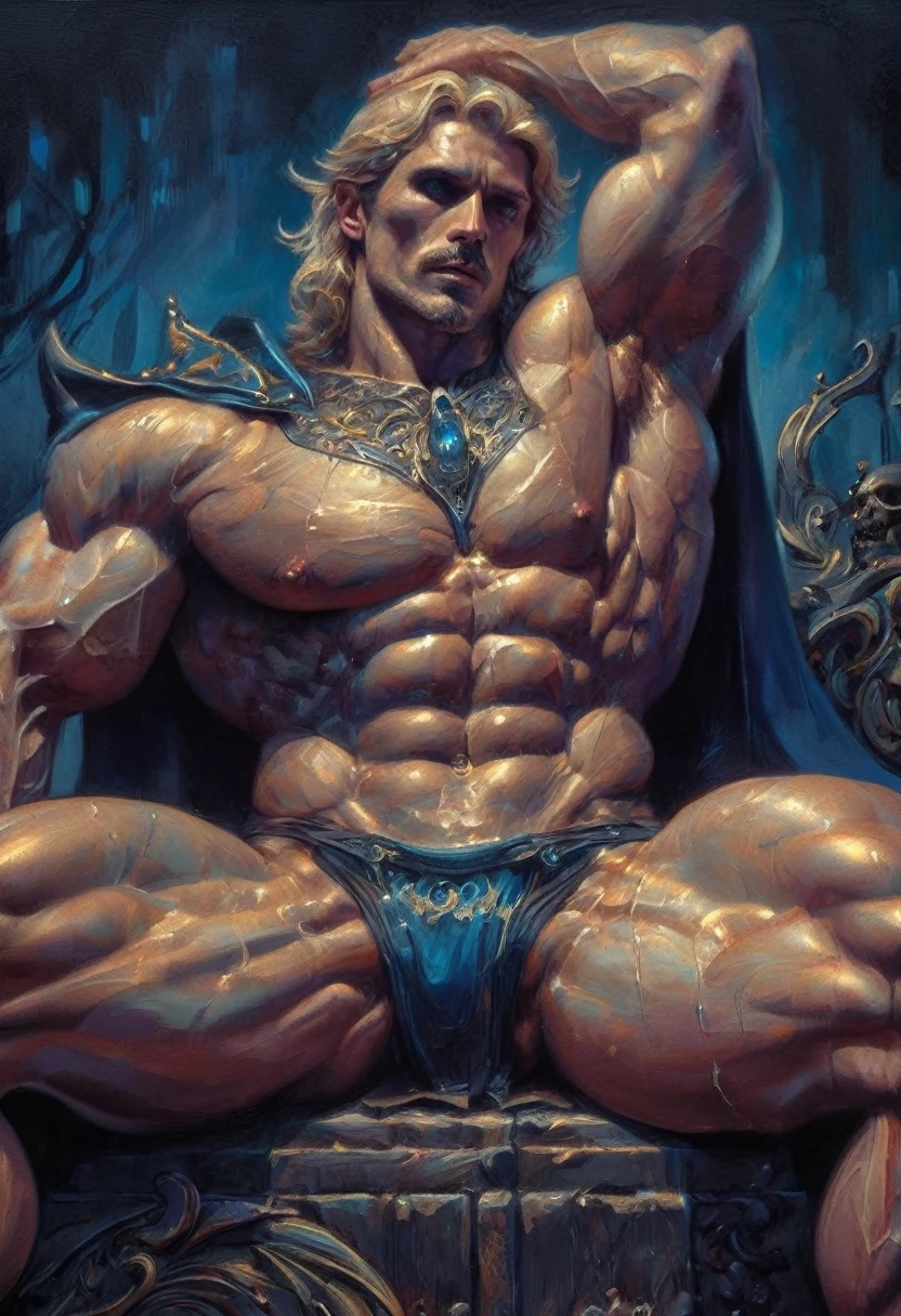 40 year handsome old elf, pale skin, blonde hair, abino skin, long straight hair, wearing elfin , sitting , mustache, piercing blue eyes, brown hair, pronounced brow ridge, strong jaw, high cheekbones, (complete body:1.5), sitting on a bed spreading his legs, very beefy muscles, bulging biceps, bulging triceps, bulging pectorals, bulging quads, bulging trapezoids, wide shoulders, bulging calves, bulging forearms, hairy, (giant:1.5), tall, solo person. Art deco masterpiece, alpha male, at night, skull, nightmare, fire, intricately detailed, sharp focus, extremely detailed, dark fantasy, glowing, colorful painting, rich color, HDR, octane render, digital illustration, cinematic light, sitting on the throne, Explore the beauty of a moonlit cemetery, with weathered tombstones, crypts, and the feeling that the spirits of the departed may not be at rest