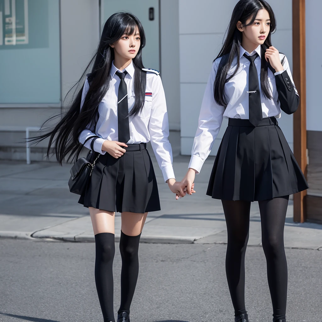 Black hair, long hair, straight, women, uniform, two people, holding hands