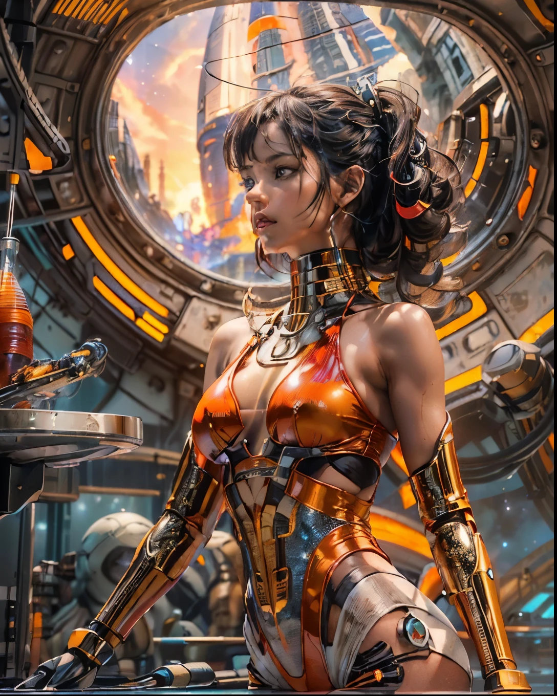 (((low angle shot))), ((1 woman staring at camera in a one piece ultra thin translucent bikini with gorgeous muscular long legs)), ((black and red)), prismatic, reflective, ((ultra perfect flowing hairstyle)), (((huge natural breasts, tan lines))), ((perfect radiant skin color)), ((super colourful)), (((cinematic sunset gorgeous skies))), (((detailed spaceship background and incredibly sci-fi retro art masterpiece))), (((1:1 scale proportions))), ((science fiction)), ((chrome spaceships)), (((ultra photorealistic realism))), ((Smooth curves, clean lines, streamlined, functional aesthetics, reflective surfaces, integrated lighting, giant floating spaceships, engraved Egyptian and spiritual motifs)), ((acrylic plastic robot))