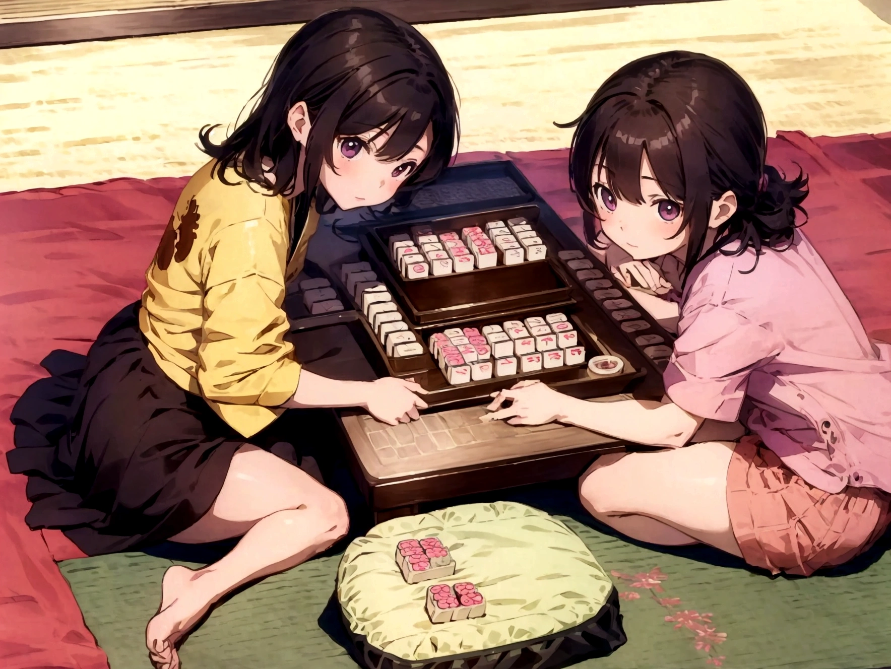 A kotatsu in the middle of the desert、Four girls playing strip mahjong at the kotatsu、A girl in pretty pink underwear、Girl undressing