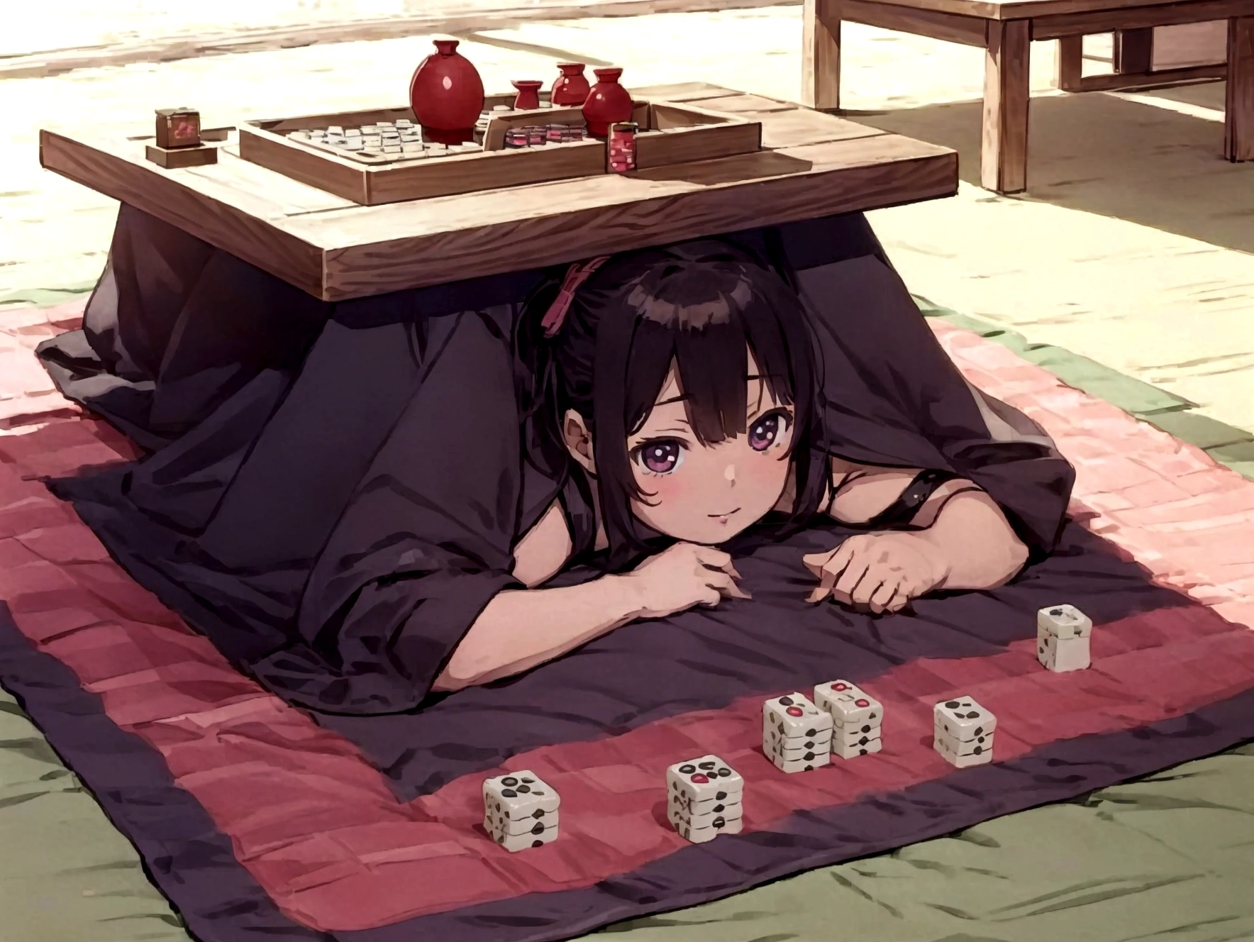 A kotatsu in the middle of the desert、Four girls playing strip mahjong at the kotatsu、A girl in pretty pink underwear、Girl undressing