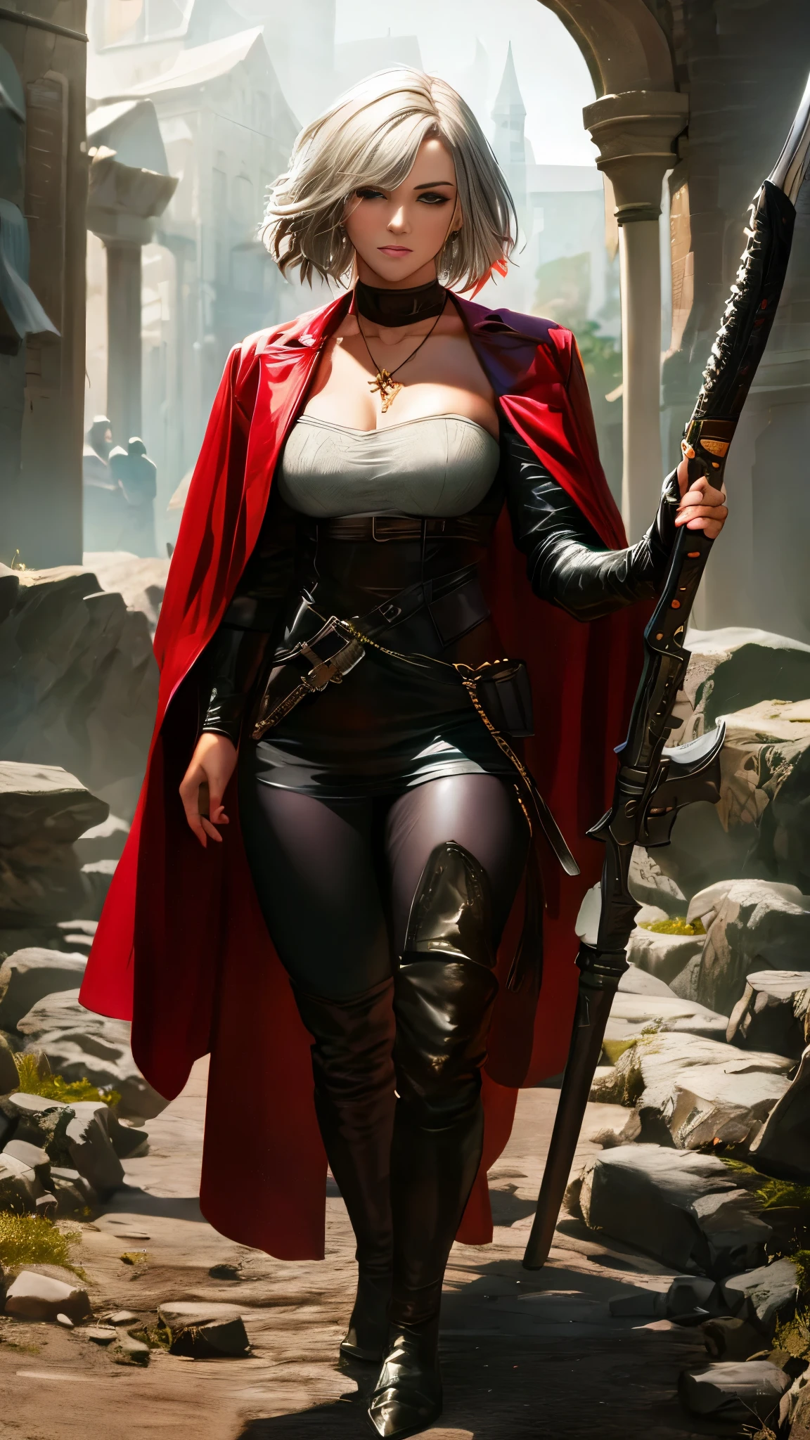 Little Red Riding Hood grew up to be a witcher,Holding a silver sword in his hand,Wearing tights,Cold personality,Wearing a sawed-off shotgun,Wearing long boots,A pair of arm armor,There is a cross pattern on the arm armor,A cross necklace around the neck,Carrying a long-handled shotgun on his back,slim,Sexy,Various potion bottles are worn on the belt,Wearing white clothes,Will use magic,Wearing shorts,Black Silk,shawl,leather armor,Leather pants,Braids,Mature women,short hair,Gold Eyes