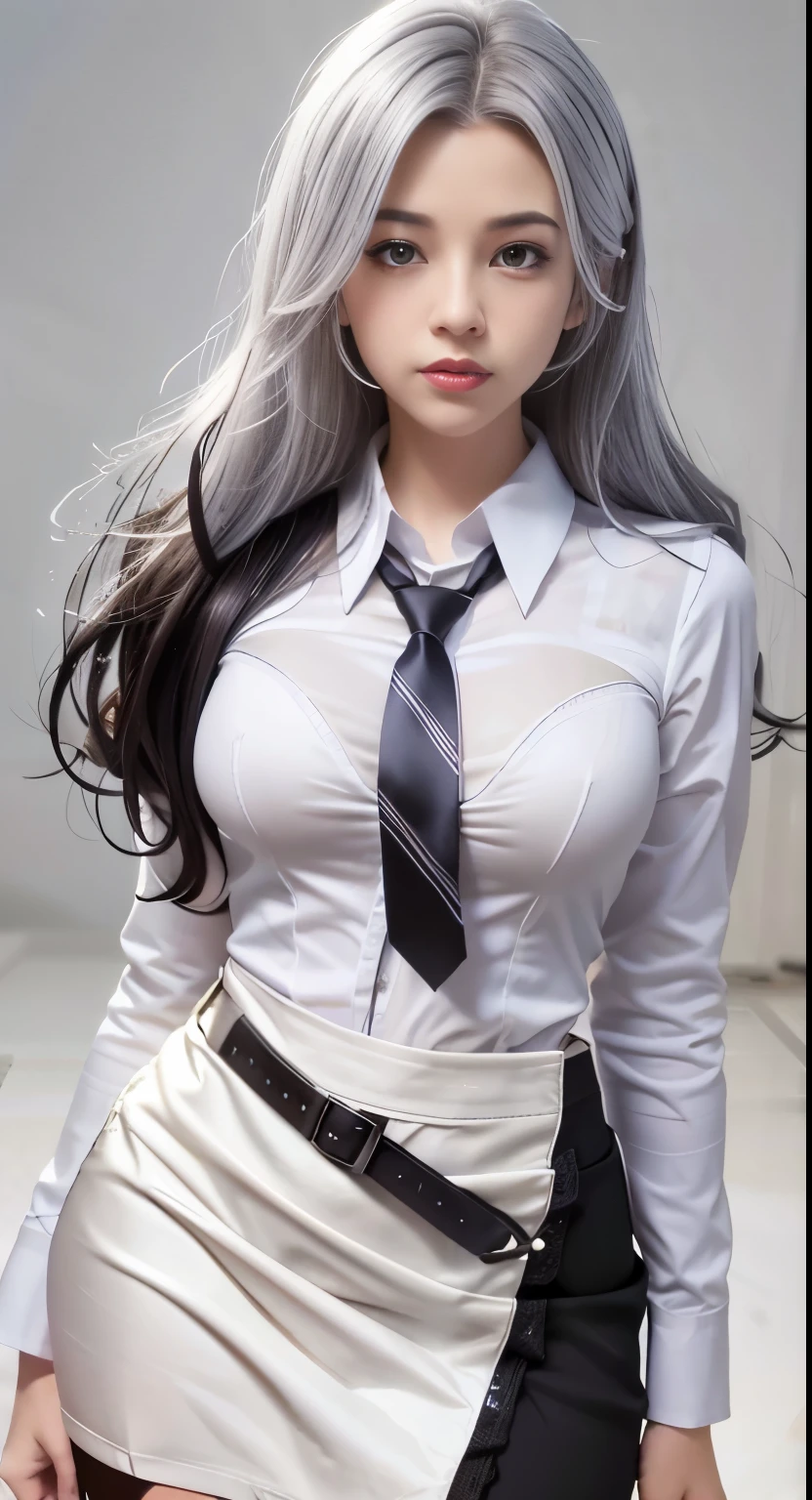 There is a woman with long hair, who wears a white shirt and tie, tifa lockhart with white hair, anime girl cosplay, perfect white haired girl, photorealistic anime girl render, hyperrealistic , Stil artgerm, a hyperrealistic , ig model | artgerm, Realistic Cosplay, Cosplay, close up shot, Extrem detaillierter artgerm, 2 b