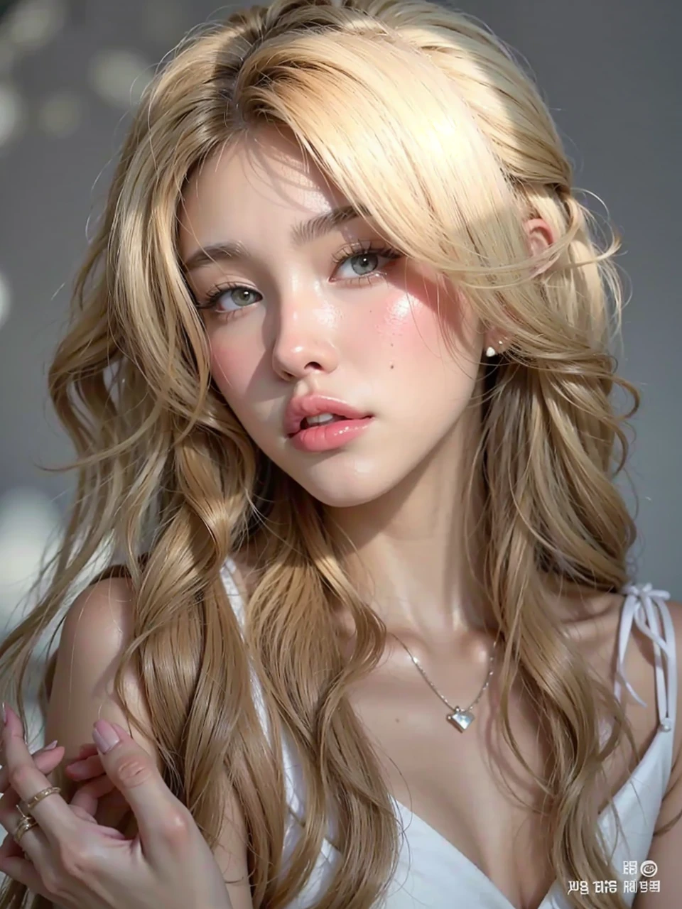 blonde woman with long hair and white dress posing for a photo, A girl with blonde hair, with long blonde hair, linda mulher sul-korean, parque roseanne de blackpink, long blonde hair and big eyes, white hime cut hairstyle, fair skin curly blonde hair, with white long hair, Linda jovem korean, korean, Heonhwa Choe