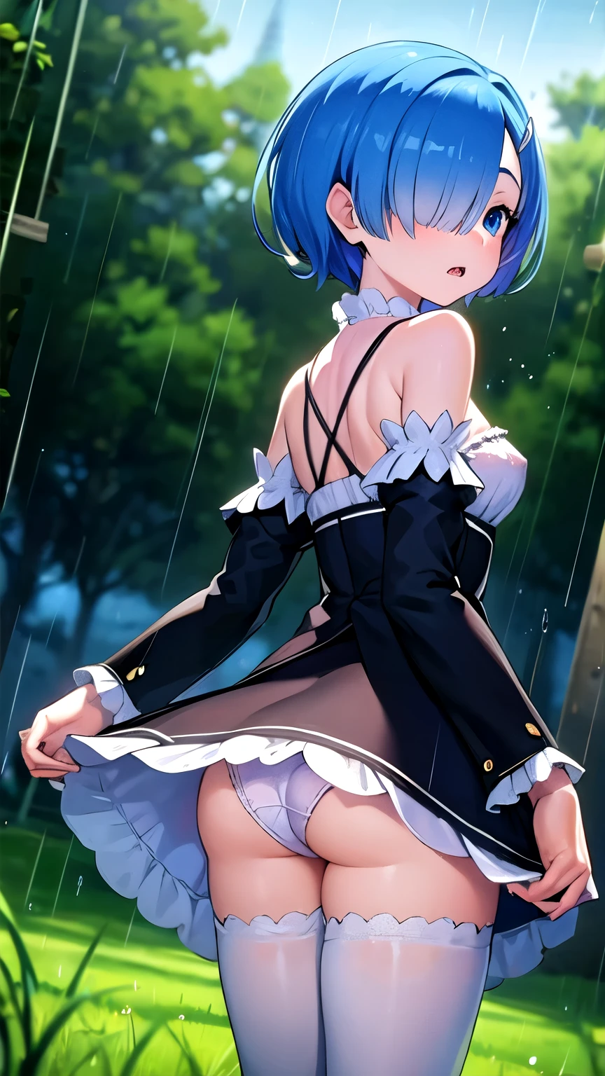 hdr, soft light, ((best quality)), ((masterpiece)), (detailed), remrin, (hair over one eye:1.1),big blue eyes, horny face,skinny fit,small breast, wet transparent blouse,showing panties, pantyhose, park,trees,grass,rain, in middle,from behind