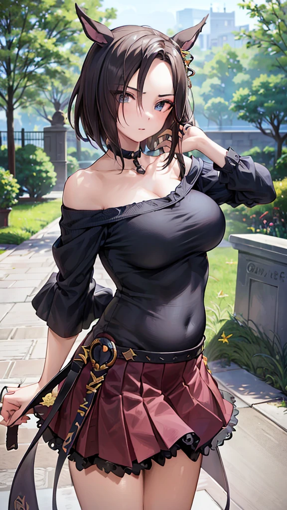 (((masterpiece))),(((High resolution)))、(((perfect face)))、(((Air Groove)))、, (((off shoulder, mini black tight skirt))), Plump, top quality eyes, detailed texture, look at the camera, big tits, ((high resolution face))
