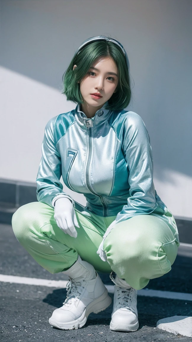 21yo girl,green hair,bob hair, (wearing astronout suit), (white astronout suit),(astronout suit),(shoes astronout),(boots), (squat pose),natural medium breast, plump body, (on the lunar land), single sidelock hairpin blush modern cinematic lighting,ray tracing,drop shadow wide shot UHD,textured skin,high details,best quality 4K