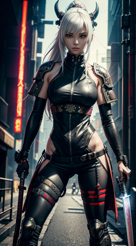 Hyperrealistic version of a woman with a sword in her hand, very beautiful cyberpunk samurai, anime cyberpunk art, cyberpunk samurai, cyberpunk anime art, anime cyberpunk, cgsociety 9, digital cyberpunk anime art, style of maciej kuciara.1girl, samurai armor, helmet oni evil mask,intricate, ornaments detailed, cold colors, metal, egypician detail, highly intricate details, realistic light, trending on cgsociety, glowing eyes, facing camera, neon details, ultra realistic details, portrait full body, japanese atmosphere, global illumination, shadows, octane render, 8k, ultra sharp.cool lolita.