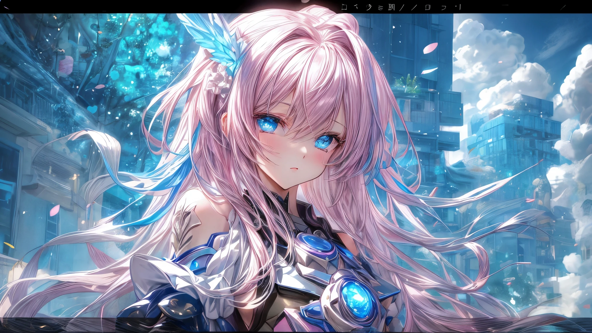 Anime girl with pink hair and blue eyes wearing a blue dress., portrait, Knights of the Zodiac, , detailed digital animated art, hermoso portrait animado, anime girl with cosmic hair, Pink hair and cyan eyes., 4K anime style, digital animated art, anime fantasy illustrations, anime fantasy illustration., portrait chica anime, anime in fantasy style, Detailed anime character art