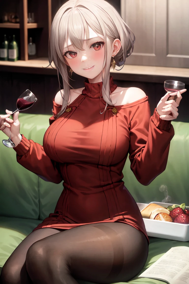 masterpiece, Highest quality, One girl, One boy, cup, pantyhose, blush, sweater, red sweater, close your eyes, Cup, hair band, Sitting, wine glass, Earrings, Long Hair, Open your mouth, sweater dress, Drunk, jewelry, shirt, alcohol, white hair band, pants, Heterosexual, Holding cup, smile, sofa, Holding, Long sleeve, dress, Pointing finger up, short hair, brown pants