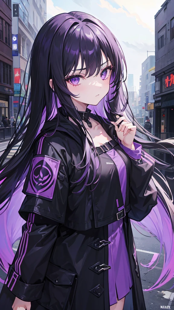 1girl, black long hair, a lot of hair, purple eyes, expressionless, wearing coat, urban ruins, absurdres, high res, ultrasharp, 8K, masterpiece, purple aura, portrait