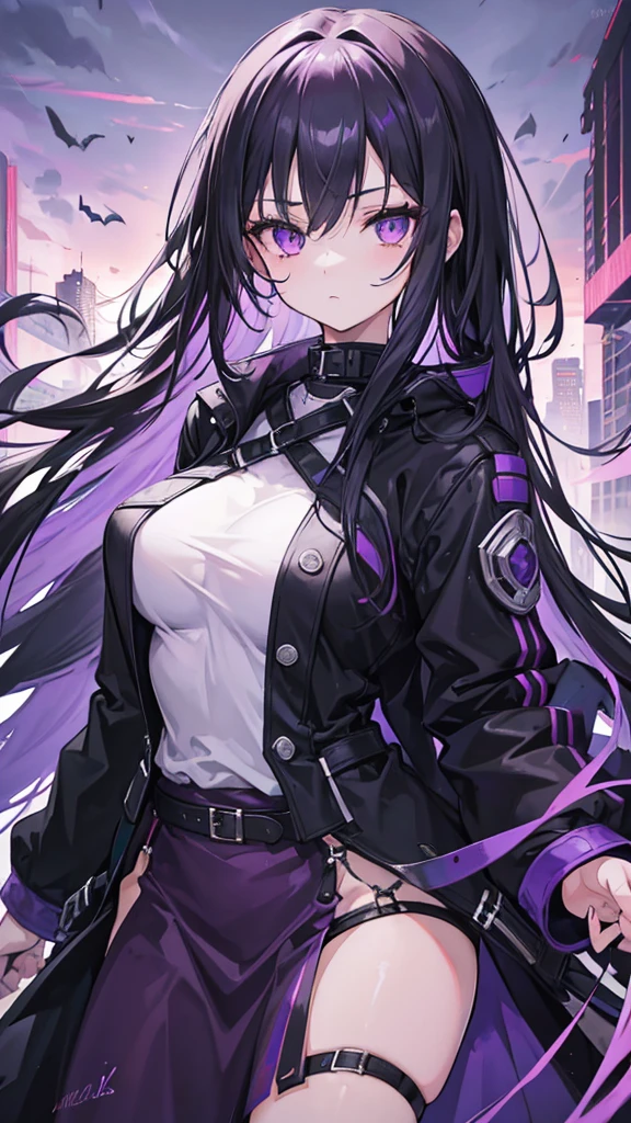 1girl, black long hair, a lot of hair, purple eyes, expressionless, wearing coat, urban ruins, absurdres, high res, ultrasharp, 8K, masterpiece, purple aura, portrait