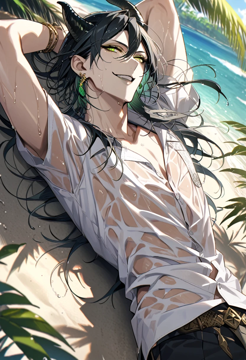 ((masterpiece:1.4, best quality)), (Ultra detailed background), 1boy, handsome man, highly detailed beautiful face and eyes, white hair, beautiful eyes, (sharp detail:1.3), shiny, earrings, bracelet, (wet clothes:1.3), Shirts, Bari, Cebu Island, plumeria, near the beach, stretch,lie on one's back, dynamic angle, malleus draconia (twisted wonderland) horns, bishounen, boy, male, yana Toboso style, long hair, black hair, yellow green eyes, smile, gray lips, handsome, skinny, tall, yellow green glow,