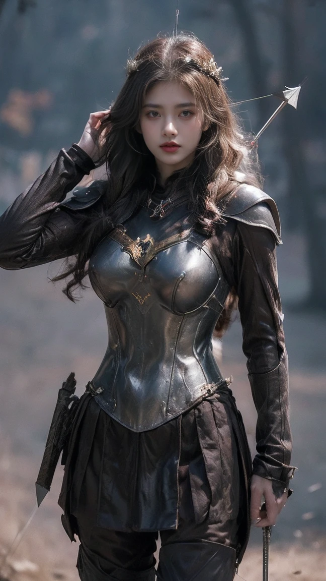 21yo girl,(wearing iron suit),(viking suit),(wearing viking suit),(arrow),(robin hood), (holding arrow), (archery),natural big breast, plump body,single sidelock hairpin blush modern cinematic lighting,ray tracing,drop shadow wide shot UHD,textured skin,high details,best quality 4K