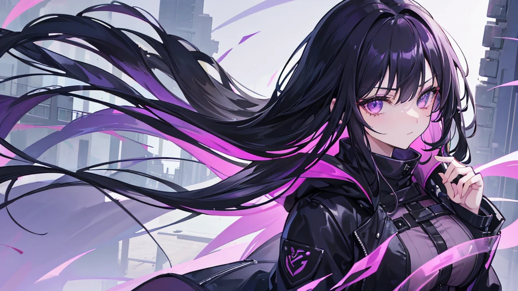 1girl, black long hair, a lot of hair, purple eyes, expressionless, wearing coat, urban ruins, absurdres, high res, ultrasharp, 8K, masterpiece, purple aura, portrait