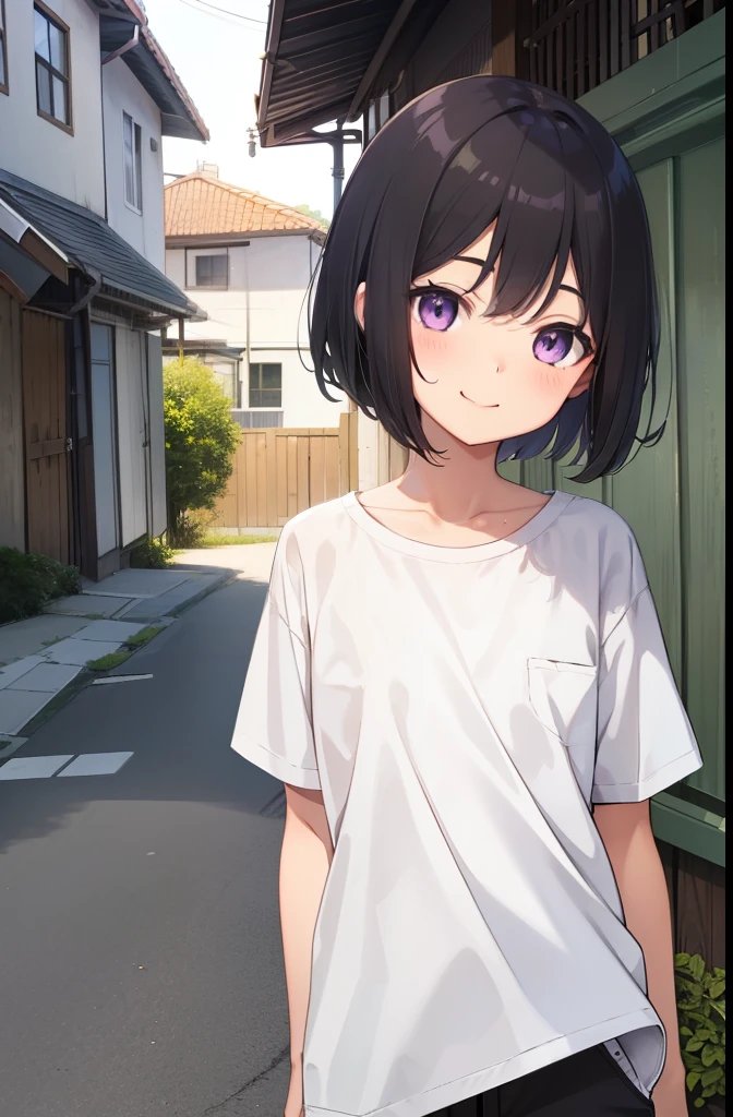Residential Street,smile,Are standing,Put your hands behind your back,Purple eyes,1 ,boyish.Two-block shorthair,Black Hair,blush,White T-shirt,Olive green shorts,Brown Sandals,White skin,summer,From below,shy,