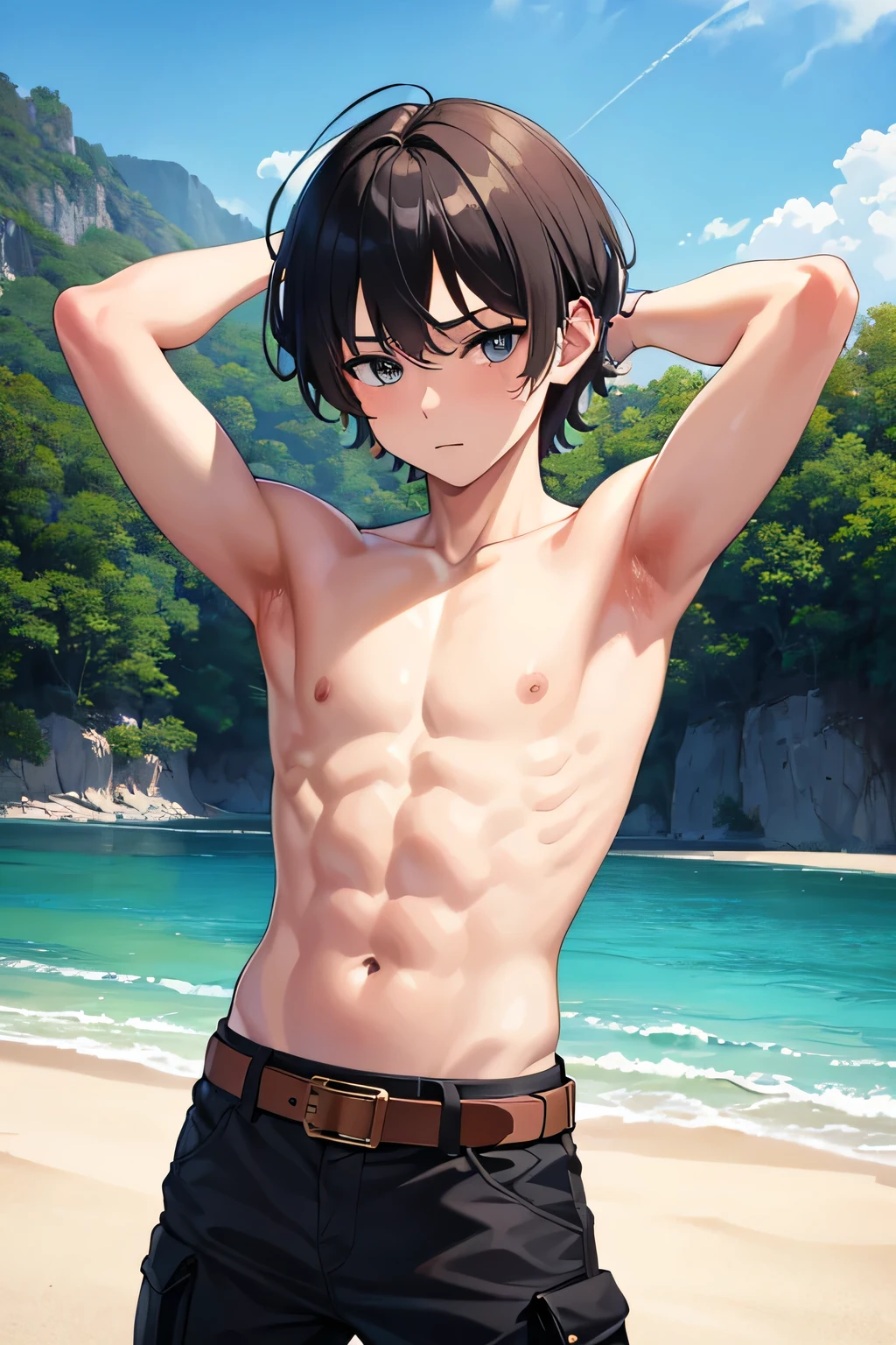 Highres, Masterpiece, Best quality at best,Best Quality,hight quality, hight detailed, 1boy, (showing armpit:1.3), 14-yaear-old boy, age boy, without shirt, boy band, idol, belt, watch, cargo pants, masterpiece,hight setail, best quality, UHD