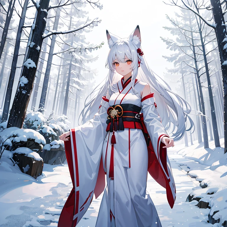 Fox girl, white hair, white tail, white clothes, Japanese, snowy forest