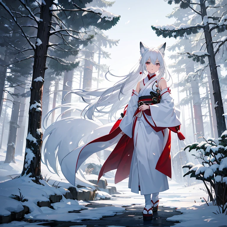 Fox girl, white hair, white tail, white clothes, Japanese, snowy forest
