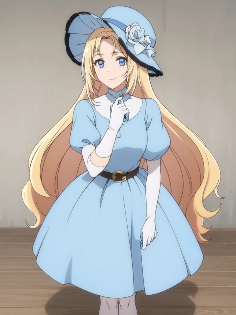 ((Best quality))),((Ultra-detailed)),((illustration)),((Disheveled hair)),((frilld)),(1 girl),(Solo),1girl,flower,hat,rose,solo,standing,white_rose,rating:safe,belt,black_footwear,blonde_hair,blue_dress,blue_eyes,blue_hat,blue_headwear,boots,borzoi,clothing,cross-laced_footwear,dog,dress,female,female_only,footwear,gloves,hat_flower,headwear,long_hair,looking_at_viewer,makaria,smile,white_gloves,