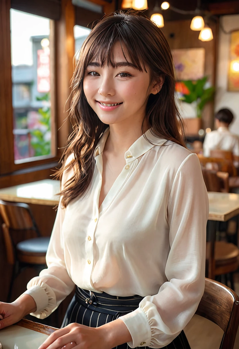 (Highest quality,8K quality,masterpiece:1.3),(Ultra-high resolution,Realistic:1.4,Live Shooting),(Very detailed,Caustics),(Ultra-Realistic Capture,Beautiful and detailed skin),19 years old,Beautiful Japanese, Medium Hair, Asymmetrical bangs, Brown Hair, I'm looking at the camera with a smile on my face,Soft Light,A ray of light shining from above,Natural light，((blouse))，(((One Woman))),Cafe