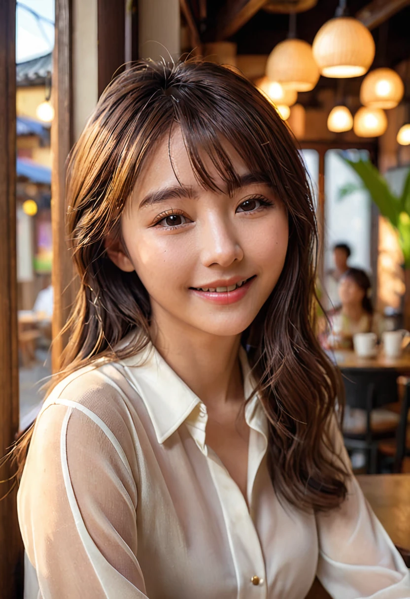 (Highest quality,8K quality,masterpiece:1.3),(Ultra-high resolution,Realistic:1.4,Live Shooting),(Very detailed,Caustics),(Ultra-Realistic Capture,Beautiful and detailed skin),19 years old,Beautiful Japanese, Medium Hair, Asymmetrical bangs, Brown Hair, I'm looking at the camera with a smile on my face,Soft Light,A ray of light shining from above,Natural light，((blouse))，(((One Woman))),Cafe