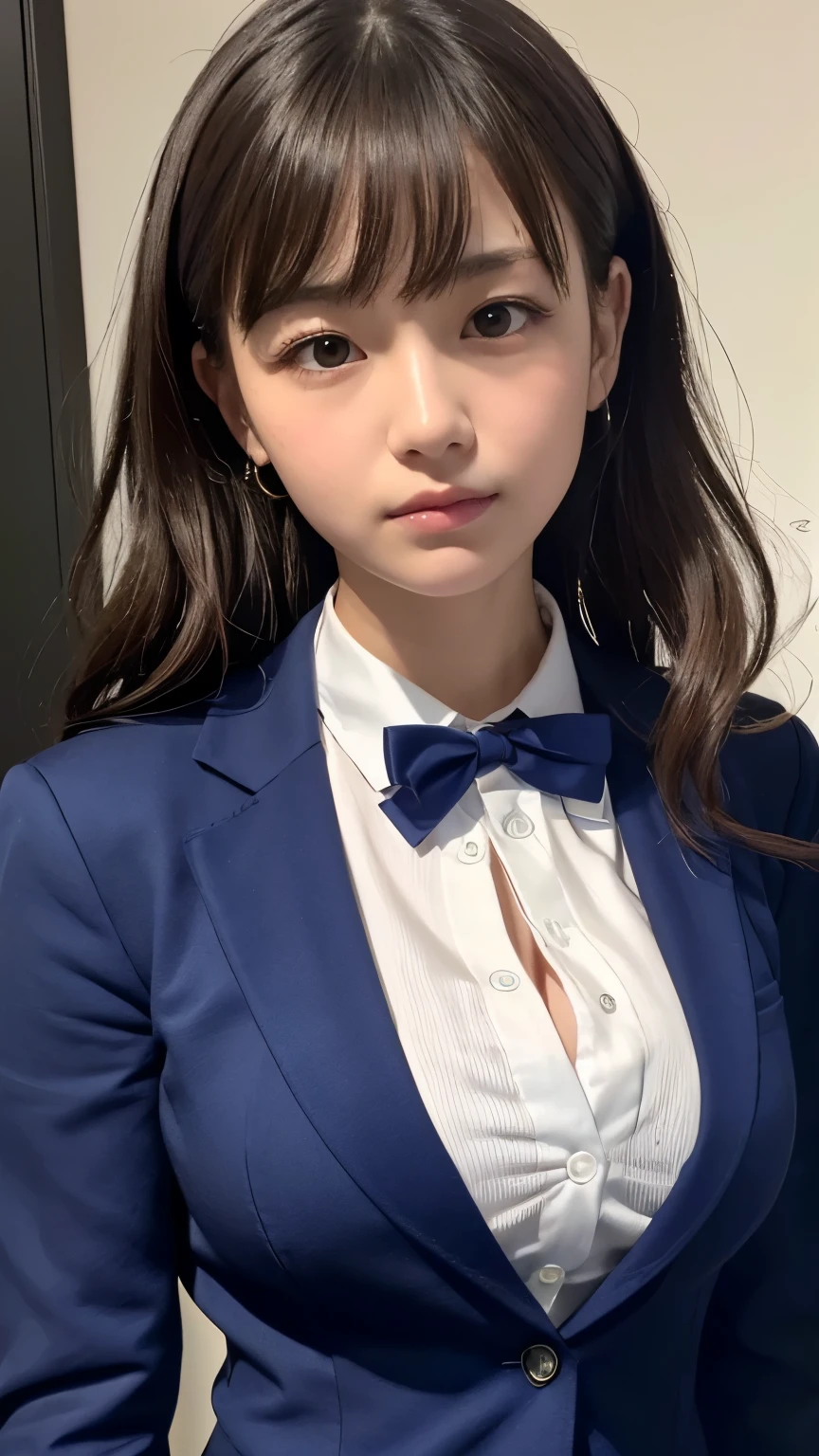 8K, Highest quality, The real picture, Intricate details, Very detailed, Ultra-high resolution, Depth Field,(Realistic,Realistic:1.2),Tabletop , Front shot , From the center , 1 Girl, eye_Chan, Very beautiful 17 year old girl, 無邪気な大きなeye,、Beautiful breasts:1.5、Very detailedeye:1.2)、(Beautiful breasts:1.1)、Wavy Hair、Curly Hair、bangs、, Perfect Skin, Fair skin, Huge breasts, She caresses her breasts through her clothes.、Bad mood、Angry face、Cleavage, Tight waist, A slight blush, alone, Staring at the audience, ((School_uniform),(Dark Blue Blazer), (White shirt、Wear a tie), (Grey pleated skirt), (Sculptural installation :1.1)