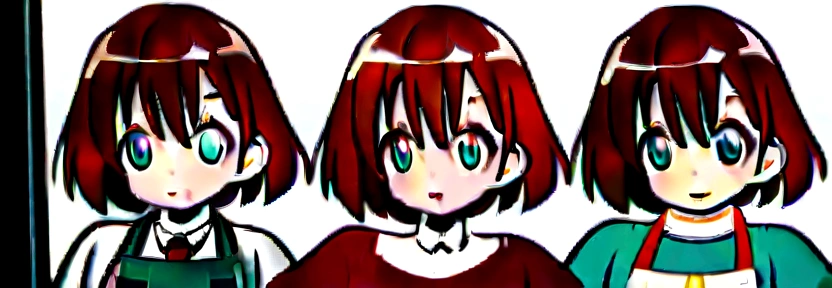 Anime，18 year old female character，Generate three views，Front view、side view and rear view，Maintain consistency and uniformity, brown hair, short brown hair, short bob-cut hair, bangs, teal headband, , red tie, apron, wearing teal apron, teal apron, teal eyes, cute, 