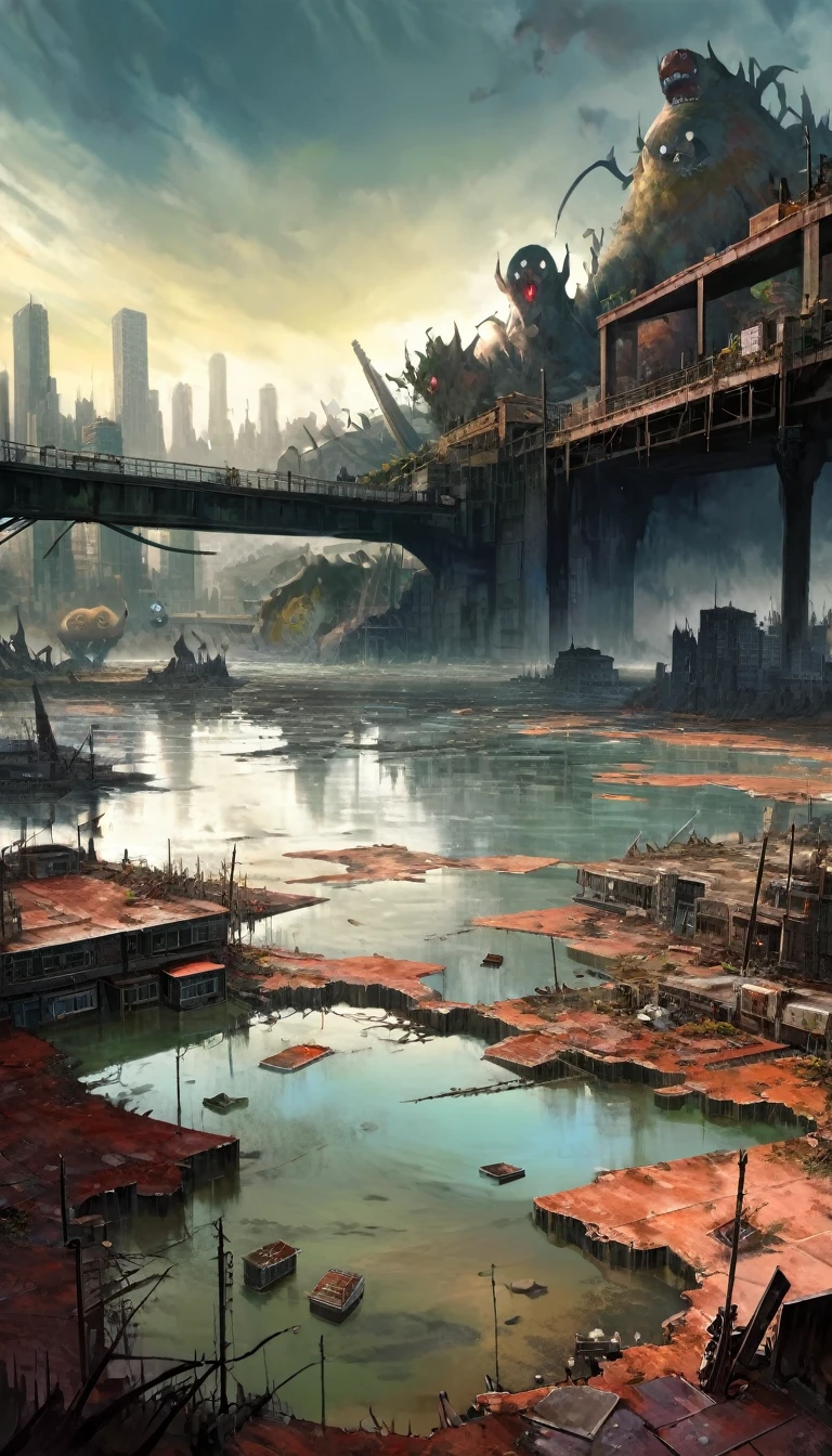 large landscape, dead world theme, polluted world, destroyed city, no vegetation, polluted water, dark world, spectacular otherworldly sky, mutant monsters on stage (art inspired by Bill Sienkiewicz). oil painting)
