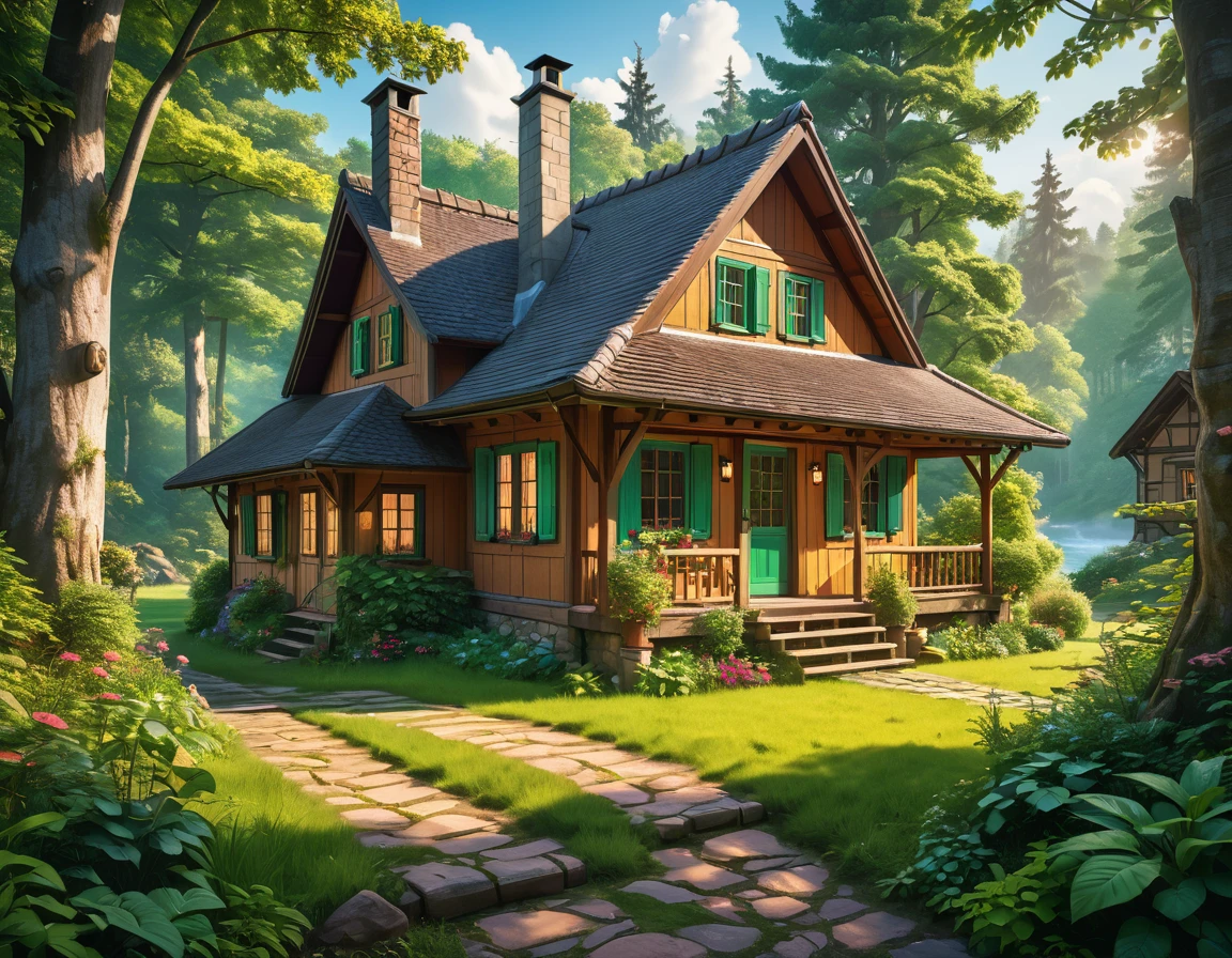 hyperrealistic image of a cozy cottage in the woods, surrounded by nature. aesthetic vibrant colors interior, The image has a lo-fi filter and a dreamy quality, art highly detailed, fine details, hyper quality, trending on artstation, award-winning, megapixel, elegant, high-quality, se-noise, post-processing, post-production, ultra-wide angle lens, wide angle view, super resolution, megapixel, DSLR, Nikon D750, shot on 70mm, lens, distortion, f/22, shutter speed 1/1000,HDR,8k