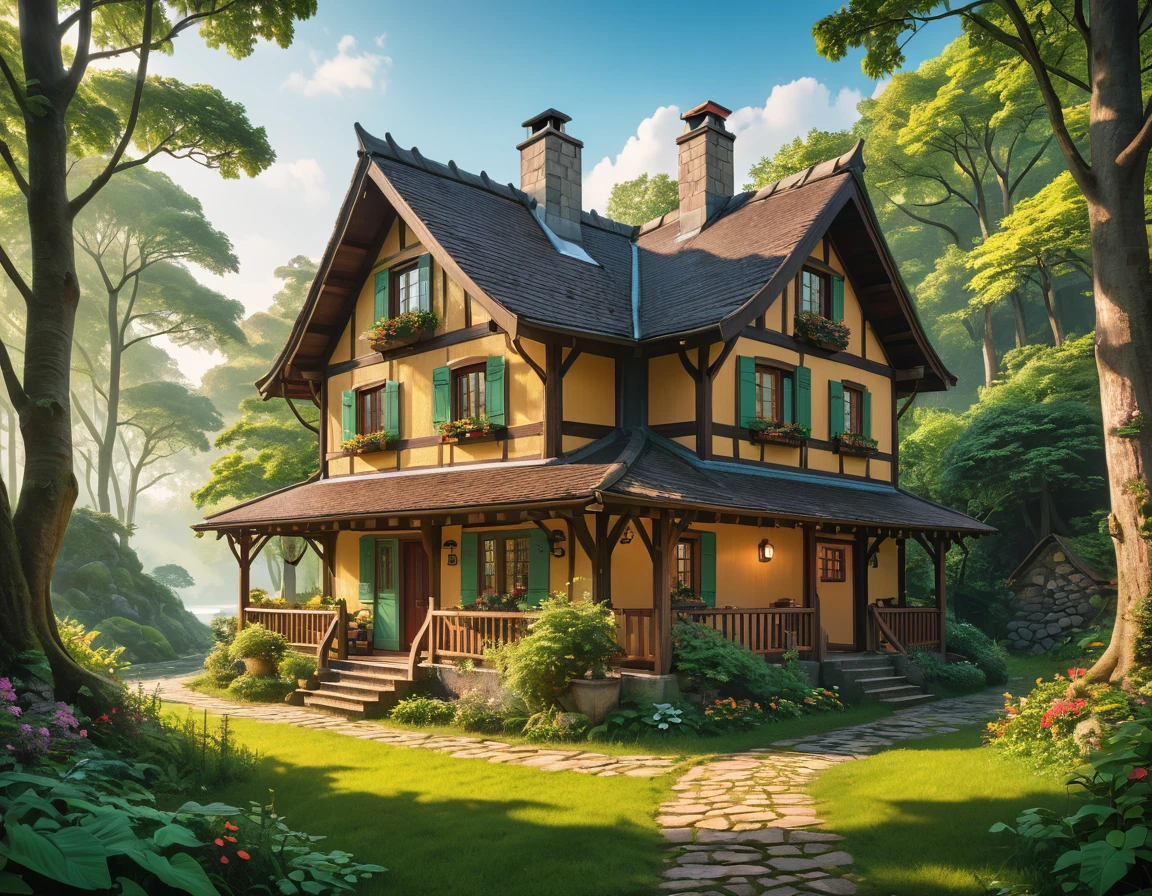 hyperrealistic image of a cozy cottage in the woods, surrounded by nature. aesthetic vibrant colors interior, The image has a lo-fi filter and a dreamy quality, art highly detailed, fine details, hyper quality, trending on artstation, award-winning, megapixel, elegant, high-quality, se-noise, post-processing, post-production, ultra-wide angle lens, wide angle view, super resolution, megapixel, DSLR, Nikon D750, shot on 70mm, lens, distortion, f/22, shutter speed 1/1000,HDR,8k