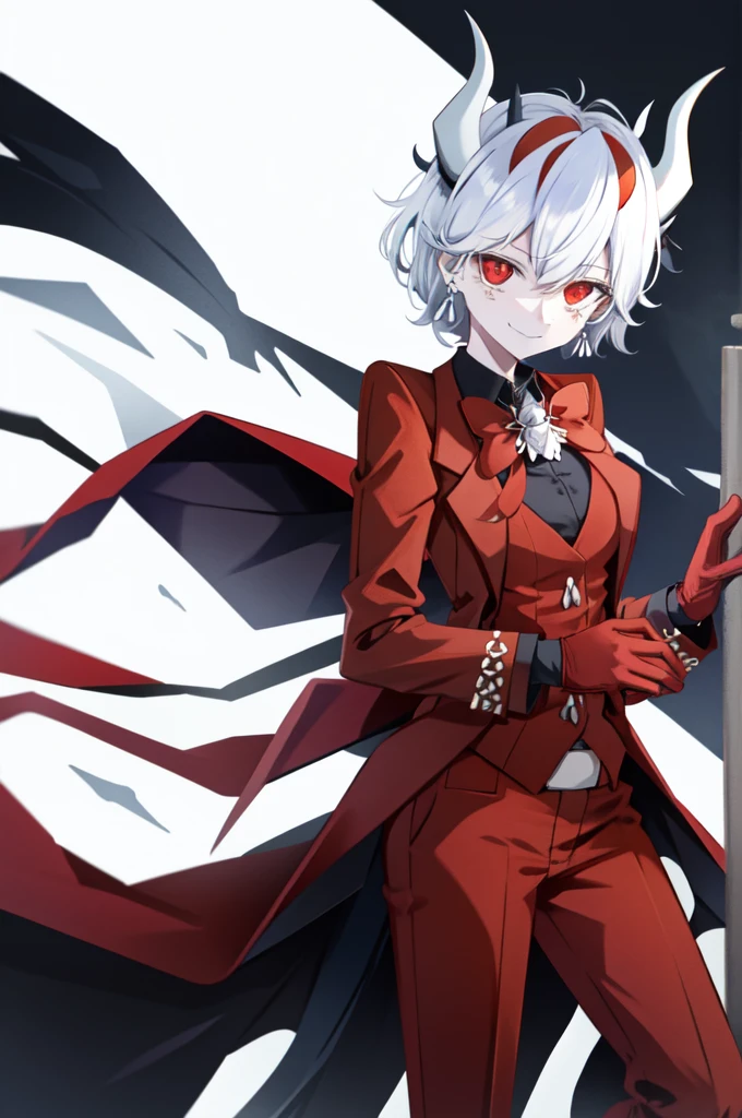 beelzebub(helltaker), freckles, white background, tail, 1girl, pants, suit, cropped legs, looking at viewer, red eyes, demon horns, white hair, vest, shirt, formal, waistcoat, demon tail, smile, earrings, demon girl, red gloves, gloves, jewelry, simple background, horns, white horns, solo, business suit, short hair