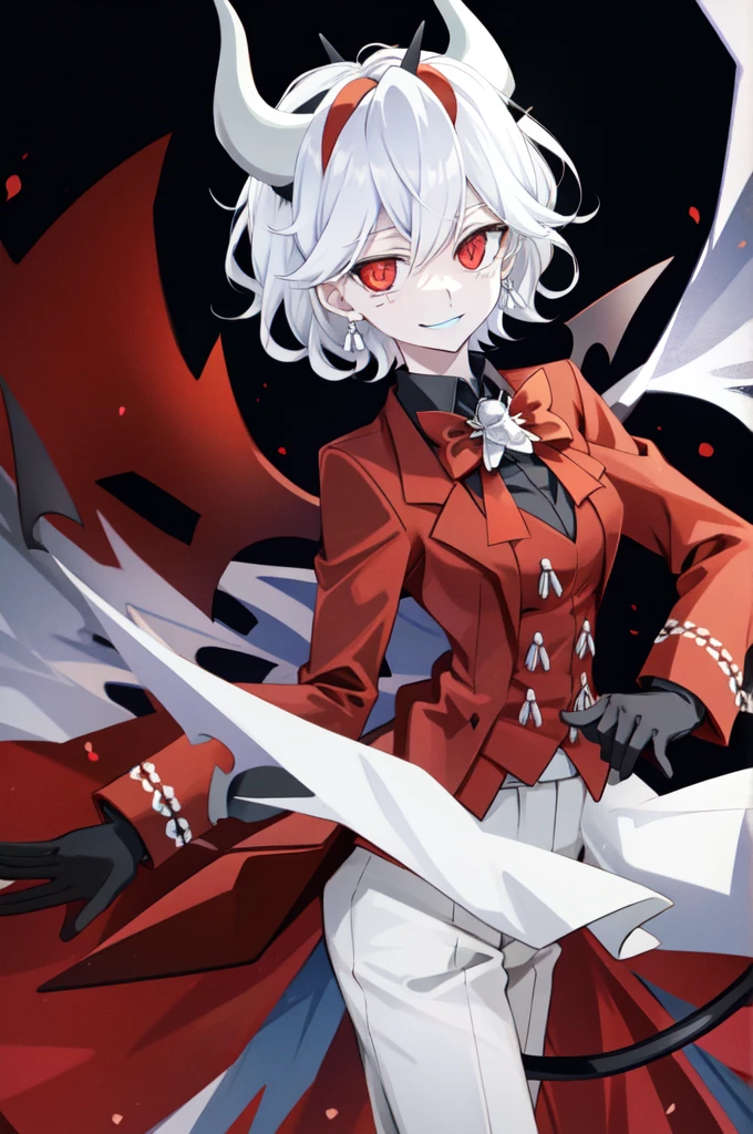 beelzebub(helltaker), freckles, white background, tail, 1girl, pants, suit, cropped legs, looking at viewer, red eyes, demon horns, white hair, vest, shirt, formal, waistcoat, demon tail, smile, earrings, demon girl, red gloves, gloves, jewelry, simple background, horns, white horns, solo, business suit, short hair