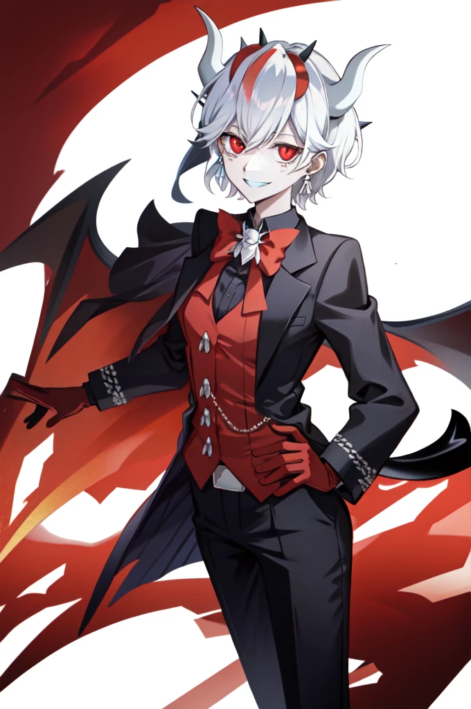 beelzebub(helltaker), freckles, white background, tail, 1girl, pants, suit, cropped legs, looking at viewer, red eyes, demon horns, white hair, vest, shirt, formal, waistcoat, demon tail, smile, earrings, demon girl, red gloves, gloves, jewelry, simple background, horns, white horns, solo, business suit, short hair