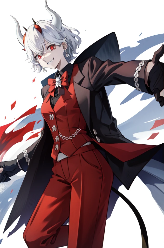 beelzebub(helltaker), freckles, white background, tail, 1girl, pants, suit, cropped legs, looking at viewer, red eyes, demon horns, white hair, vest, shirt, formal, waistcoat, demon tail, smile, earrings, demon girl, red gloves, gloves, jewelry, simple background, horns, white horns, solo, business suit, short hair