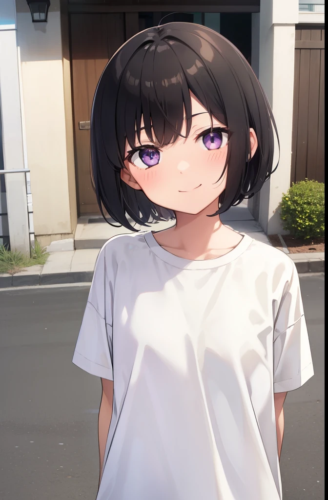 Residential Street,smile,Are standing,Put your hands behind your back,Purple eyes,1 ,boyish.Two-block shorthair,Black Hair,blush,White T-shirt,Olive green shorts,Brown Sandals,White skin,summer,Bottom View,shy,