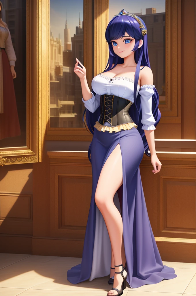 (8k, RAW photo, best quality, masterpiece:1.2), (intricate details), perfect eyes, perfect face, perfect lighting, beautiful, (masterpiece:1.2), (best quality:1.2), 1girl, solo, Marinette, blue hair, ((long loosen hair)), adult torso, 17 years old, slight smile, huge sized breasts, (princess dress with corset), cowboy shot, 3DMM, seated, front view