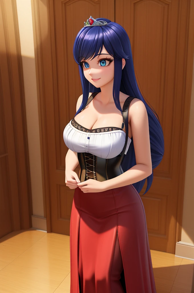 (8k, RAW photo, best quality, masterpiece:1.2), (intricate details), perfect eyes, perfect face, perfect lighting, beautiful, (masterpiece:1.2), (best quality:1.2), 1girl, solo, Marinette, blue hair, ((long loosen hair)), adult torso, , slight smile, huge sized breasts, (princess dress with corset), cowboy shot, 3DMM, seated, front view