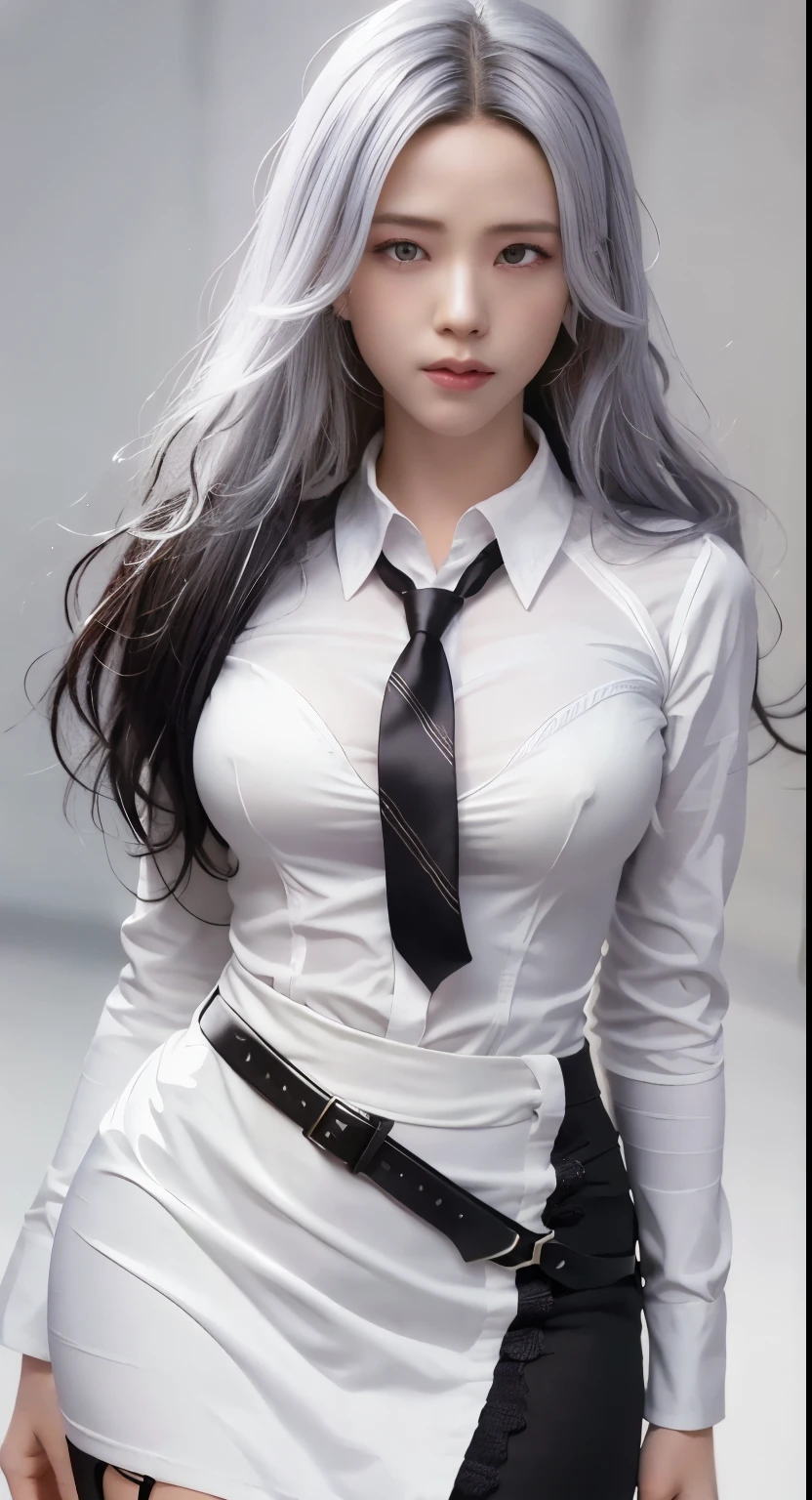 There is a woman with long hair, who wears a white shirt and tie, tifa lockhart with white hair, anime girl cosplay, perfect white haired girl, photorealistic anime girl render, hyperrealistic , Stil artgerm, a hyperrealistic , ig model | artgerm, Realistic Cosplay, Cosplay, close up shot, Extrem detaillierter artgerm, 2 b