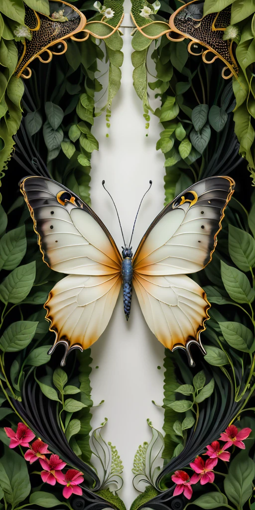 A high-resolution (symmetry image) of (a giant butterfly:1.5), exclusively in ((black and white colors):1.8), with intricately detailed (feathery wings:2). The butterfly’s wings have delicate, creating a striking monochromatic contrast. The background is filled with a lush arrangement of flowers in various stages of bloom, green leaves, and intertwining vines. The natural elements provide a vivid, colorful setting that enhances the dramatic black and white butterfly. The scene is brightly lit, highlighting the textures and details of the butterfly’s wings and the surrounding foliage.