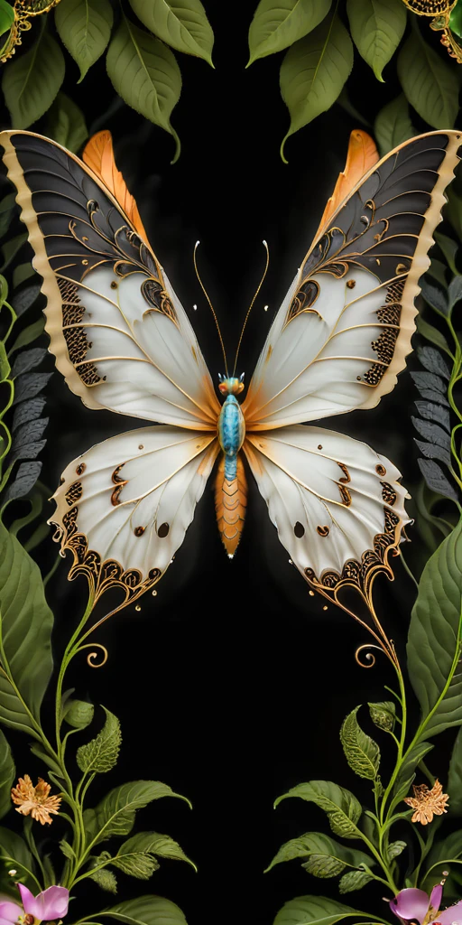 A high-resolution (symmetry image) of (a giant butterfly:1.5), exclusively in ((black and white colors):1.8), with intricately detailed (feathery wings:2). The butterfly’s wings have delicate, creating a striking monochromatic contrast. The background is filled with a lush arrangement of flowers in various stages of bloom, green leaves, and intertwining vines. The natural elements provide a vivid, colorful setting that enhances the dramatic black and white butterfly. The scene is brightly lit, highlighting the textures and details of the butterfly’s wings and the surrounding foliage.