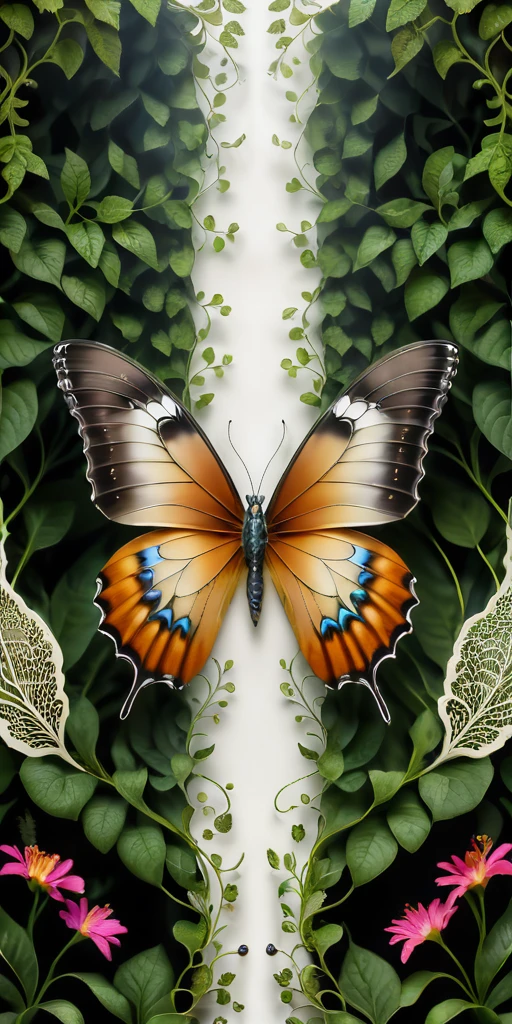 A high-resolution (symmetry image) of (a giant butterfly:1.5), exclusively in ((black and white colors):1.8), with intricately detailed (feathery wings:2). The butterfly’s wings have delicate, creating a striking monochromatic contrast. The background is filled with a lush arrangement of flowers in various stages of bloom, green leaves, and intertwining vines. The natural elements provide a vivid, colorful setting that enhances the dramatic black and white butterfly. The scene is brightly lit, highlighting the textures and details of the butterfly’s wings and the surrounding foliage.