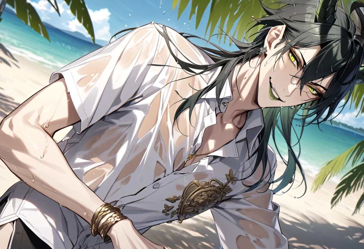 ((masterpiece:1.4, best quality)), (Ultra detailed background), 1boy, handsome man, highly detailed beautiful face and eyes, white hair, beautiful eyes, (sharp detail:1.3), shiny, earrings, bracelet, (wet clothes:1.3), Shirts, Bari, Cebu Island, plumeria, near the beach, stretch,lie on one's back, dynamic angle, malleus draconia (twisted wonderland) horns, bishounen, boy, male, yana Toboso style, long hair, black hair, yellow green eyes, smile, gray lips, handsome, skinny, tall, yellow green glow,