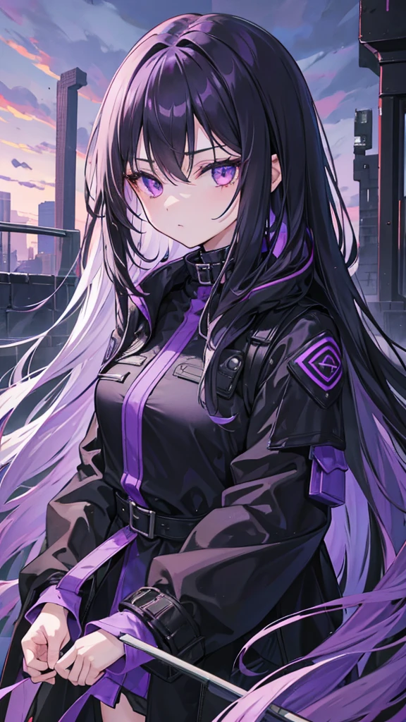 1girl, black long hair, a lot of hair, purple eyes, expressionless, wearing coat, urban ruins, absurdres, high res, ultrasharp, 8K, masterpiece, purple aura, portrait