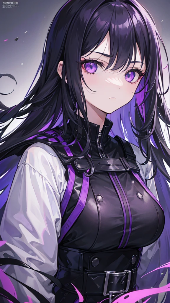 1girl, black long hair, a lot of hair, purple eyes, expressionless, wearing coat, urban ruins, absurdres, high res, ultrasharp, 8K, masterpiece, purple aura, portrait
