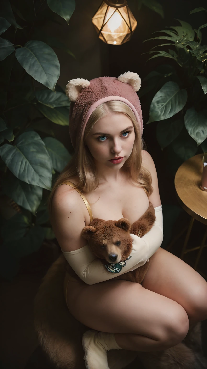 Cinematographic still featuring a 18yo girl, her hands holding a lovely-bear toy, depth of field, blonde curvy-girl(with a large bust, and big eyes, very pale skin, bold pink-lips, long hair(combed back), perfect fit legs)hourglass figure. Blonde curvy girl, wearing a revealing outfit(A quirky, animal-themed outfit with a bear hoodie, shorts, and arm warmers. The design is cute and playful. Accessories: Bear ears headband, paw gloves. In this evocative fine art photograph by Claire-Thompson, captures a melancholic a Blonde bombshell curvy girl with her small-bear toy. (Her pale skin glows softly, accentuating bold pink-lips, and piercing blue eyes)Stands amidst a dark modern-indoor setting at night. Dressed in a revealing outfit(A quirky, animal-themed outfit with a bear hoodie, shorts, and arm warmers. The design is cute and playful. Accessories: Bear ears headband, paw gloves. Adjusted for Blonde Curvy Girl: The bear hoodie fits snugly over her bust, while the shorts show off her toned thighs. The playful accessories add a fun element to her look). In her arms(she cradles a small-bear toy with gentle), surrounded by lush plants. Dimlit, amidst a dark modern-indoor setting at night. To her right an antique chair with gold upholstery, and (natural flowers with cookies)-on a small table, she is surrounded by a lush plants, in a dimlit room, The scene is captured on a faded film reminiscent of a 70mm(photo from decades past). The colors are desaturated(emphasizing the gloom). The overall effect is akin to the Kodachrome slides of yesteryears, with a touch of Lomography’s(capturing a moment frozen in time). The scene is dark, with harsh lighting and a blurred bokeh background. In a desaturated Chocolate-Brown/desaturated Turquoise, and accents in gold colors palette theme. her hands Holding a cat. ((FROM THE ABOVE VIEW))