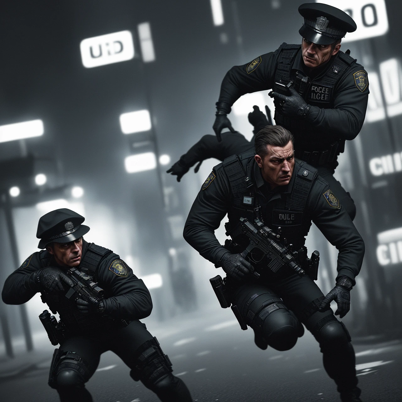 an armed police officer chasing a criminal, detailed police uniform, detailed criminal outfit, detailed facial features, fast motion blur, dramatic lighting, cinematic composition, gritty urban environment, high contrast, vibrant colors, cinematic camera angle, photorealistic, 8k, best quality, masterpiece