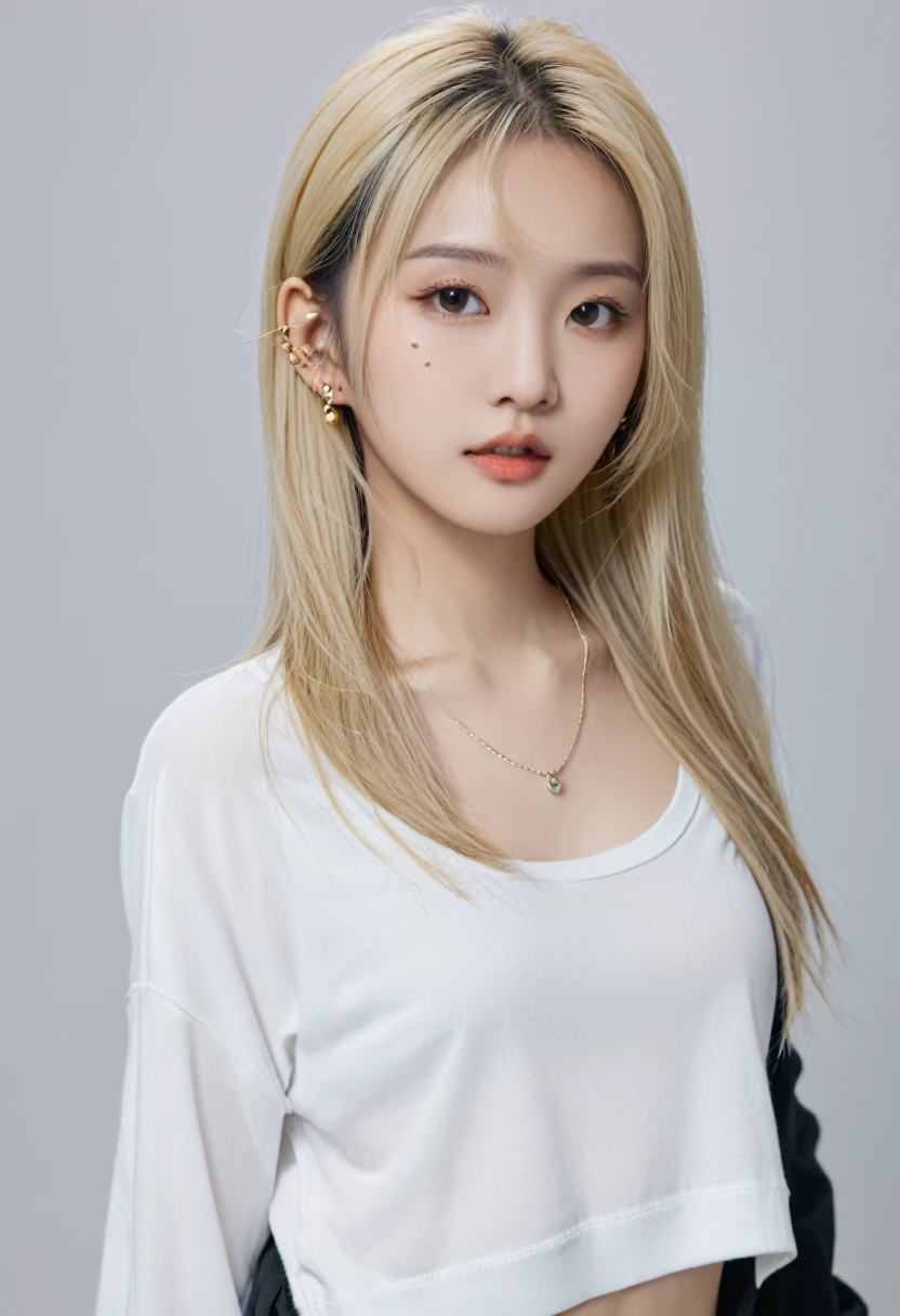 Asian girl with blonde hair, long and straight with slim and sexy build in different poses. He has piercings on his face and wears different clothes.