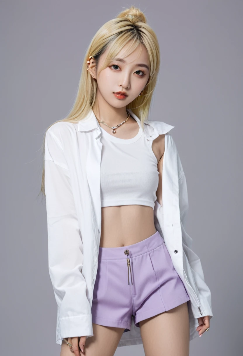 Asian girl with blonde hair, long and straight with slim and sexy build in different poses. He has piercings on his face and wears different clothes.
