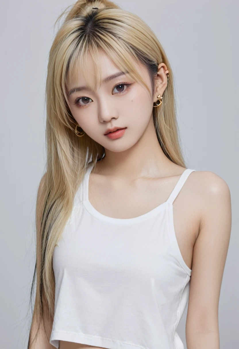 Asian girl with blonde hair, long and straight with slim and sexy build in different poses. He has piercings on his face and wears different clothes.